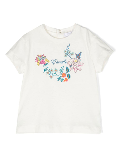 Roberto Cavalli Junior Babies' Floral-embroidery Cotton T-shirt In White