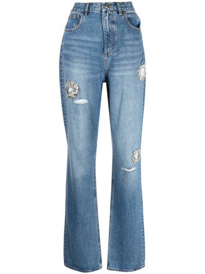 Area Distressed Straight-leg Jeans With Crystal Detail In Blue