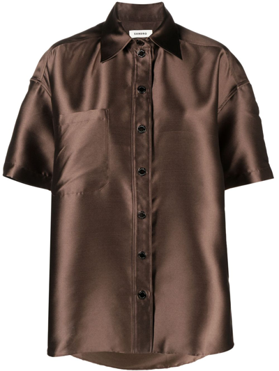 Sandro Short-sleeved Satin Shirt In Brown