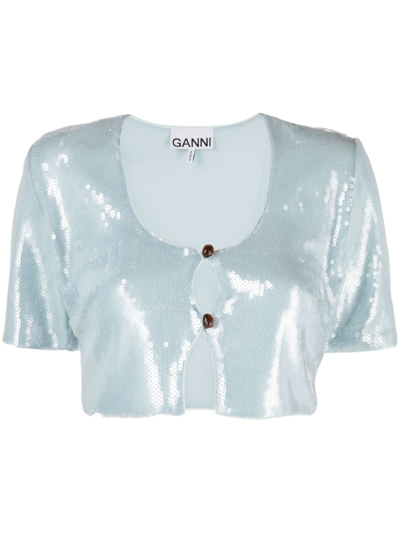 Ganni Sequin-embellished Cropped Blouse In Blue
