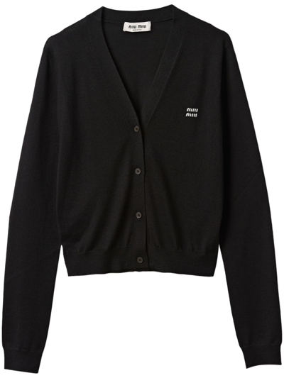 Miu Miu Logo-embroidered Cashmere Cardigan In F0002 Nero