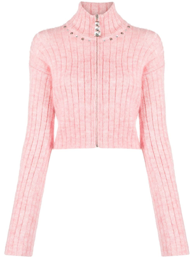 Alessandra Rich Mohair Blend Knit Crop Cardigan In Pink