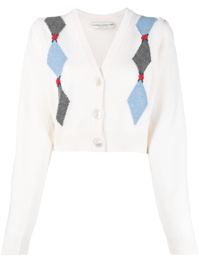 Alessandra Rich Floral-embellished Argyle Wool Cardigan In White