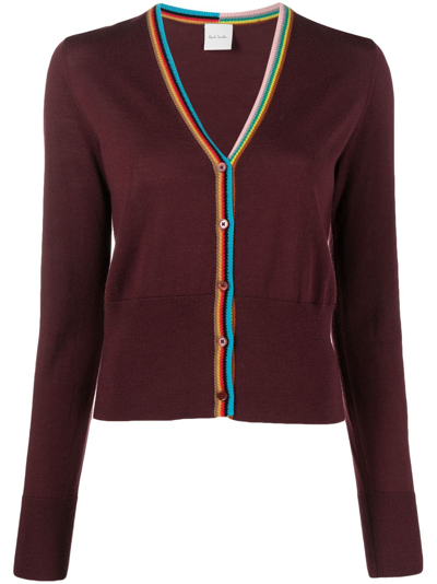 Paul Smith Stripe-detailing Wool Cardigan In Burg
