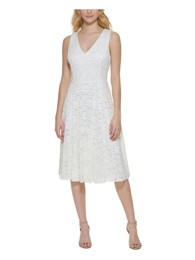 Tommy Hilfiger Womens Lace Overlay Knee Length Fit & Flare Dress In White