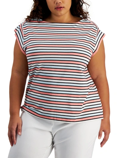 Anne Klein Plus Womens Modal Blend Striped Pullover Top In Red
