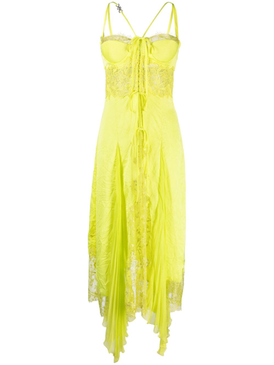 Versace Sheer-lace Asymmetric Satin Dress In Yellow