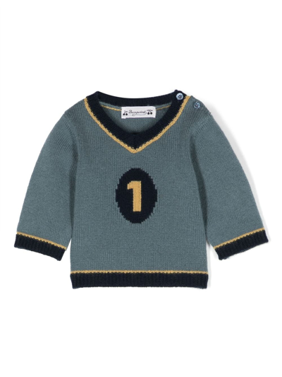 Bonpoint Babies' Intarsia-knit V-neck Wool Jumper In Blue