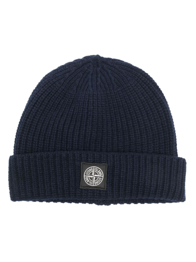 Stone Island Light Wool Knitted Beanie With Compass Patch Accessories In Black