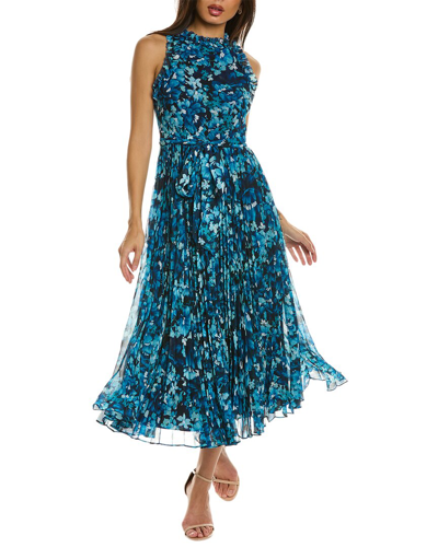 Badgley Mischka Floral Print Sleeveless Dress With Pleated Skirt In Blue