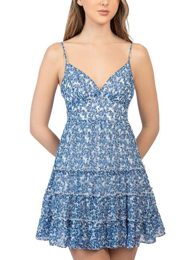 B Darlin Juniors Womens Floral Print Short Mini Dress In Blue