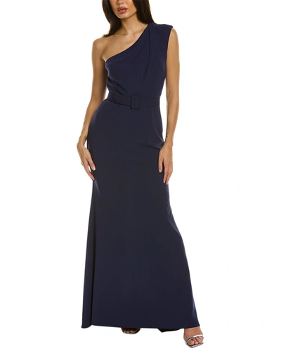 Badgley Mischka One-shoulder Belted Crepe Gown In Blue