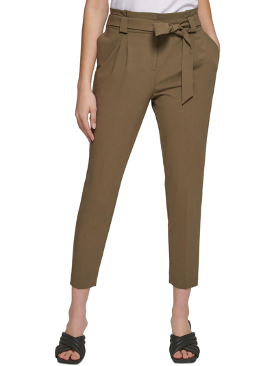 Calvin Klein Petites Womens Stretch Tie-front Cropped Pants In Green