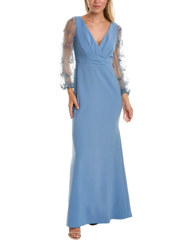 Theia Kiera Breaded Puff Sleeve Gown In Blue