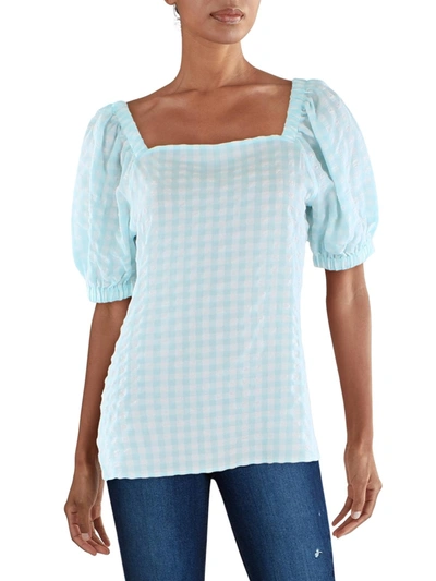 Anne Klein Womens Checkered Square-neck Pullover Top In Blue