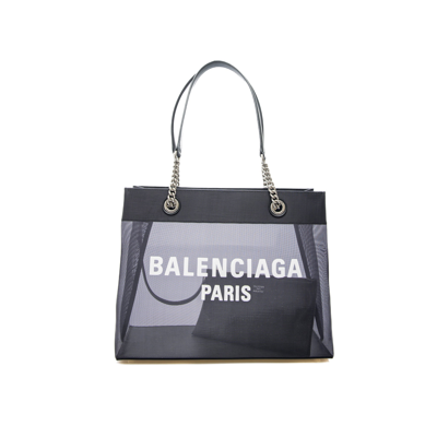 Balenciaga Duty Free Large Leather-trimmed Printed Mesh Tote In Black