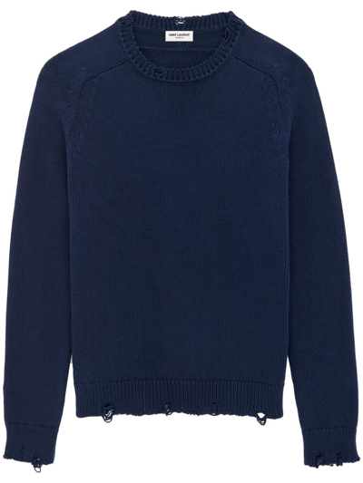 Saint Laurent Distressed Cotton-knit Jumper In Blue