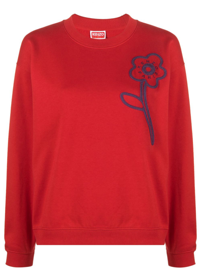 Kenzo Floral-embroidery Cotton Sweatshirt In Red