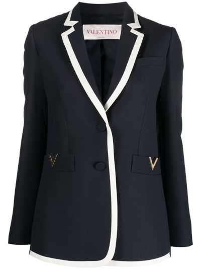 Valentino Logo-plaque Wool-silk Blend Blazer In Blue