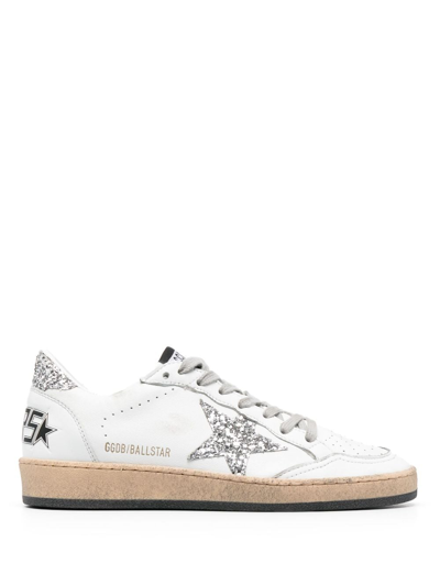 Golden Goose Ball Star Distressed Glittered Leather Sneakers In White