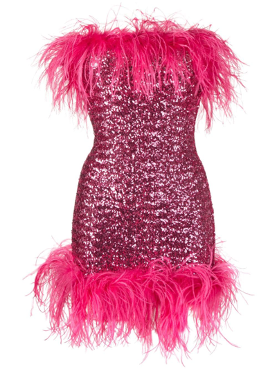 Oseree Feather-trimmed Sequined Minidress In Pink