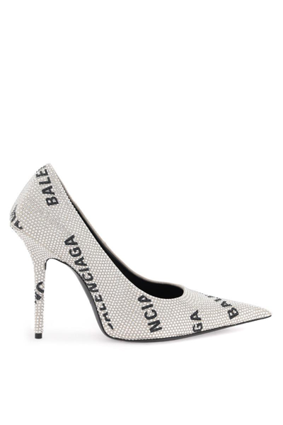 Balenciaga Logoed Square Knife Pumps With Rhinestones In Silver