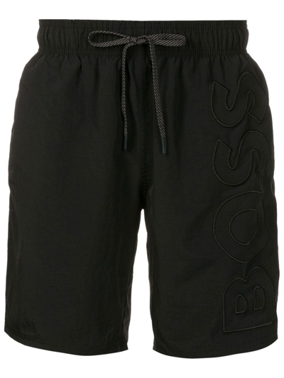Hugo Boss Fully Lined Swim Shorts With 3d Logo Embroidery In Black