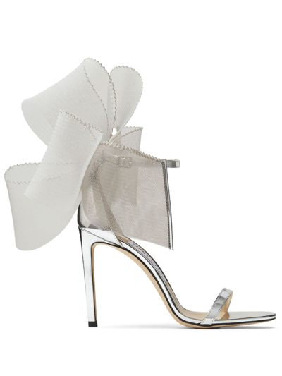 Jimmy Choo Aveline 100 Mesh Sandals With Oversized Bows In Metallic