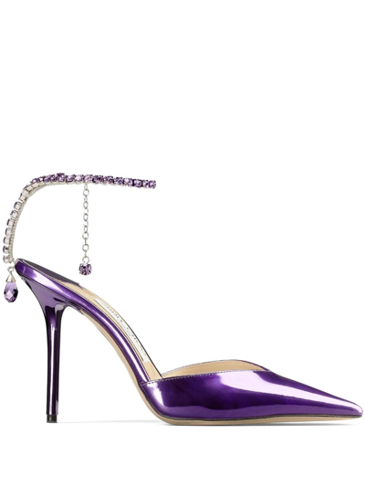 Jimmy Choo Saeda Crystal Ankle Strap Pointed Toe Pump In Cassis/cassis