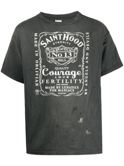 Saint Mxxxxxx Ripped-detail Logo-print Cotton T-shirt In Black