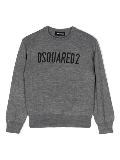 Dsquared2 Kids' Logo Intarsia Wool Blend Knit Sweater In Grey