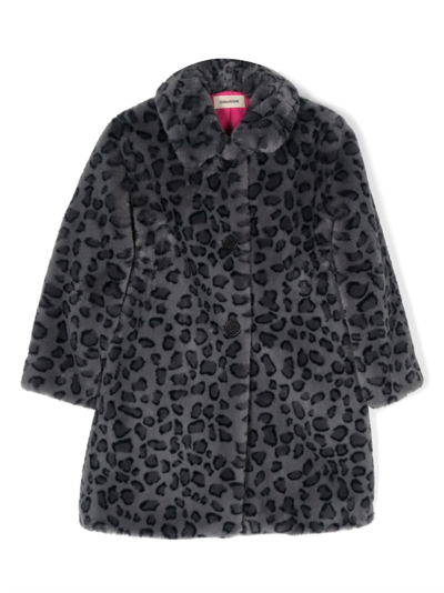 Zadig & Voltaire Kids' Leopard Print Faux Fur Coat In Grey,black