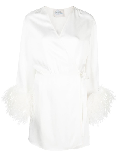 Art Dealer Iris Mini Wrap Dress With Feathers On Sleeves In White