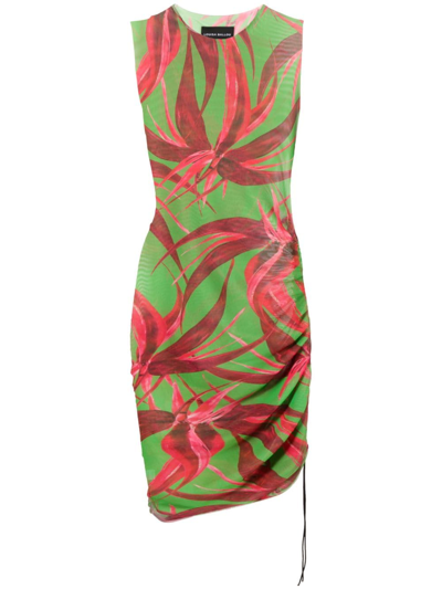 Louisa Ballou Heatwave Asymmetric Ruched Floral-print Stretch-tulle Dress In Green