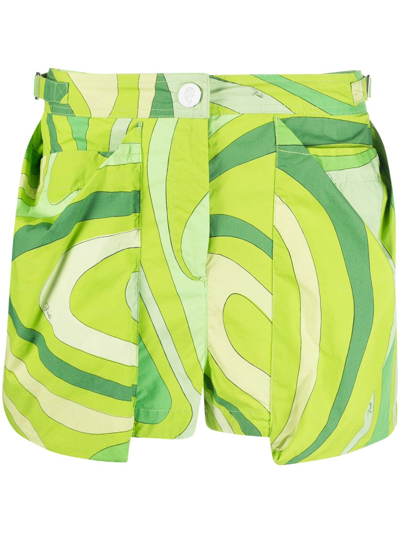 Pucci Swirl-print Pouch-pockets Cotton Shorts In Green