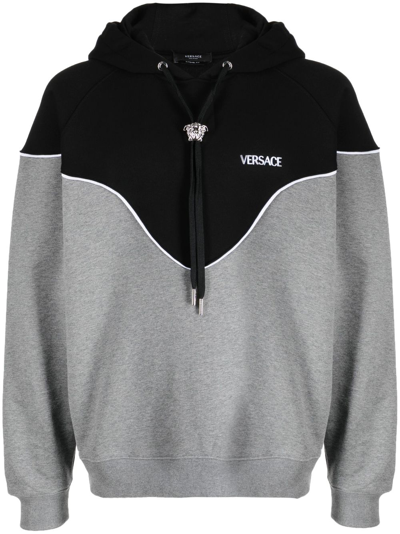 Versace Black And Grey Hoodie With Medusa Drawstring In Cotton Man
