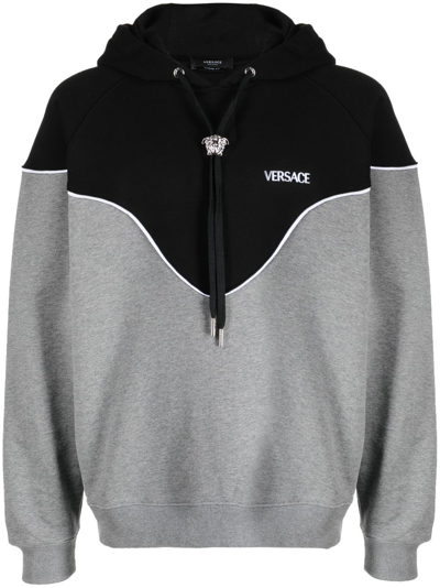 Versace Black And Grey Hoodie With Medusa Drawstring In Cotton Man In Grigio Medio Melange + Nero