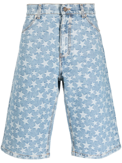 Erl Jacquard Cotton Denim Shorts In Blue