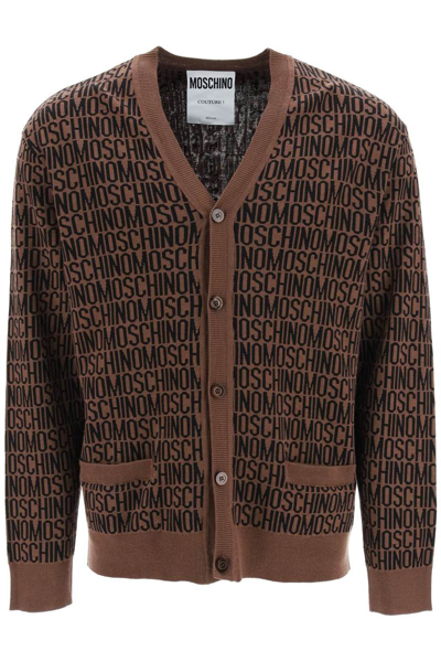 Moschino All-over Logo Knit Cardigan In Brown