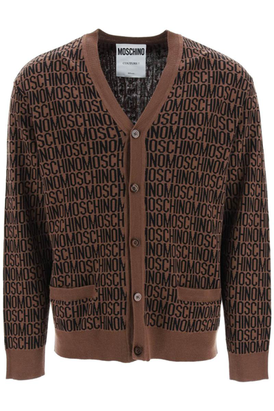 Moschino All-over Logo Knit Cardigan In Marrone Scuro