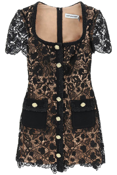 Self-portrait Guipure Lace Mini Dress In Black