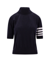 Thom Browne Black Short Sleeve Sweater With 4-bar Detail In Blue