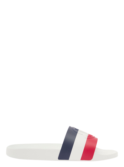 MONCLER BASILE WHITE SLIDES WITH TRICOLOUR TOE STRAP IN RUBBER MAN