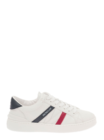 MONCLER MONACO WHITE LOW TOP SNEAKERS WITH TRICOLOR STRIPES AND LOGO IN FAUX LEATHER WOMAN