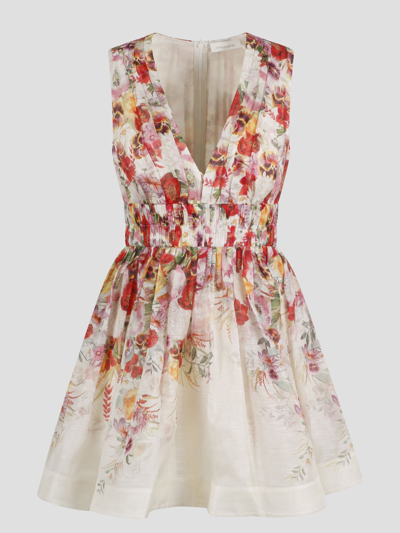 Zimmermann V-neck Floral-print Linen-blend Mini Dress In Multicolor