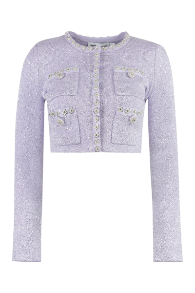 Self-portrait Cropped Crystal-embellished Metallic Knitted Cardigan In Purple