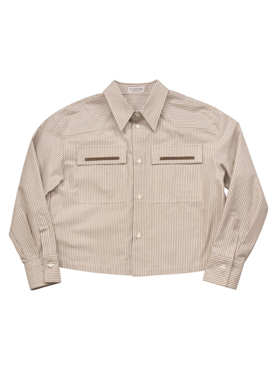 Brunello Cucinelli Kids' Striped Cotton Shirt With Necklace In White,brown