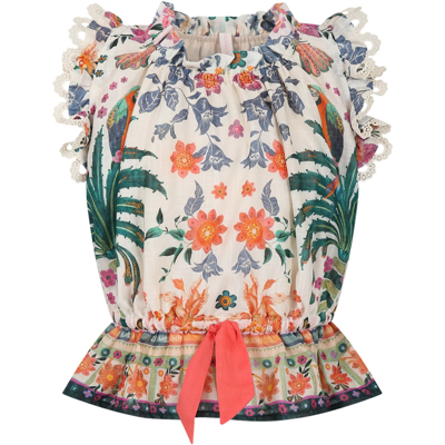 Zimmermann Kids' Ivory Top For Girl With Tropical Print In Multicoloured