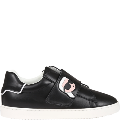 Karl Lagerfeld Kids' Logo Leather Strap Sneakers In Black