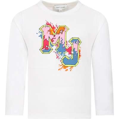 Little Marc Jacobs Kids' White T-shirt For Girl With Logo In P Bianco